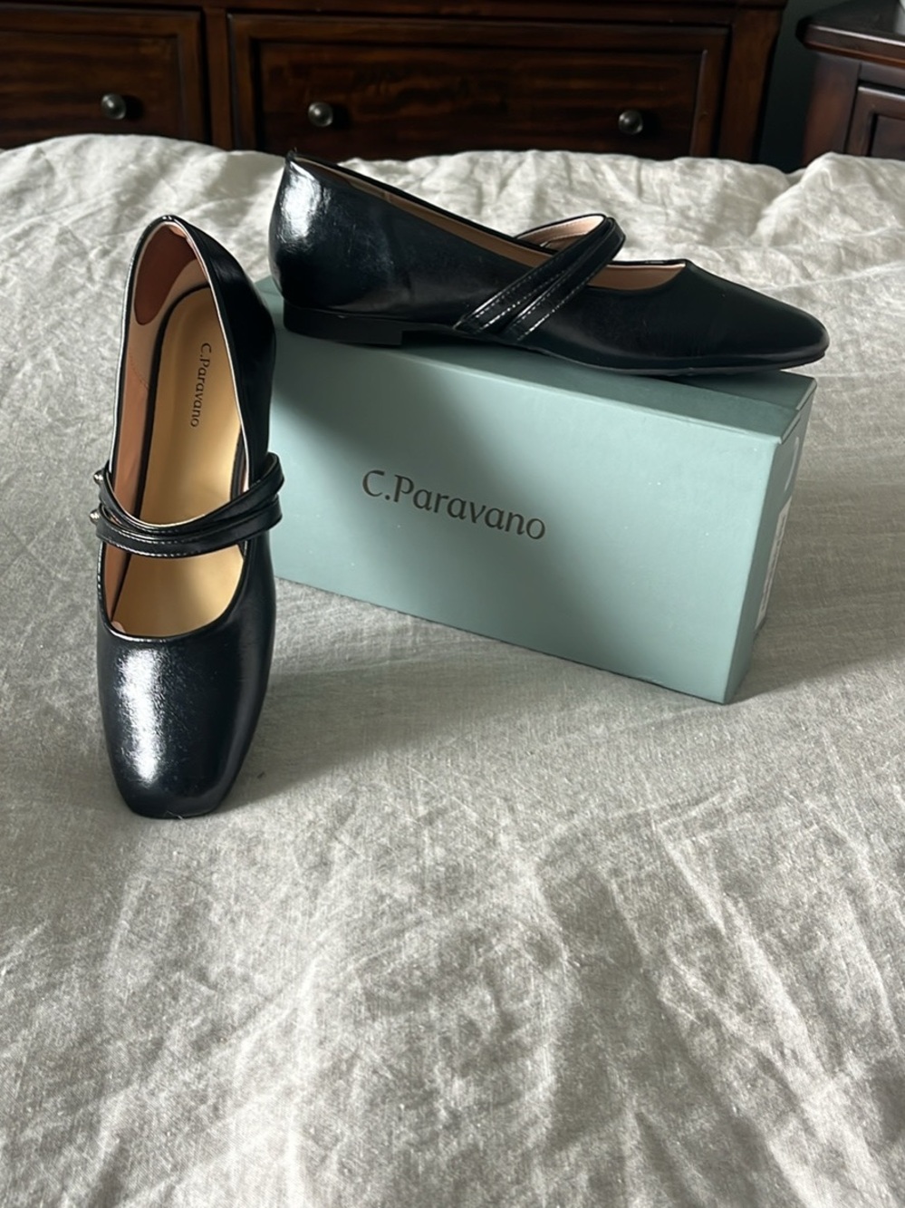 C. Paravano Black Patent Mary Jane Flats with Double Strap